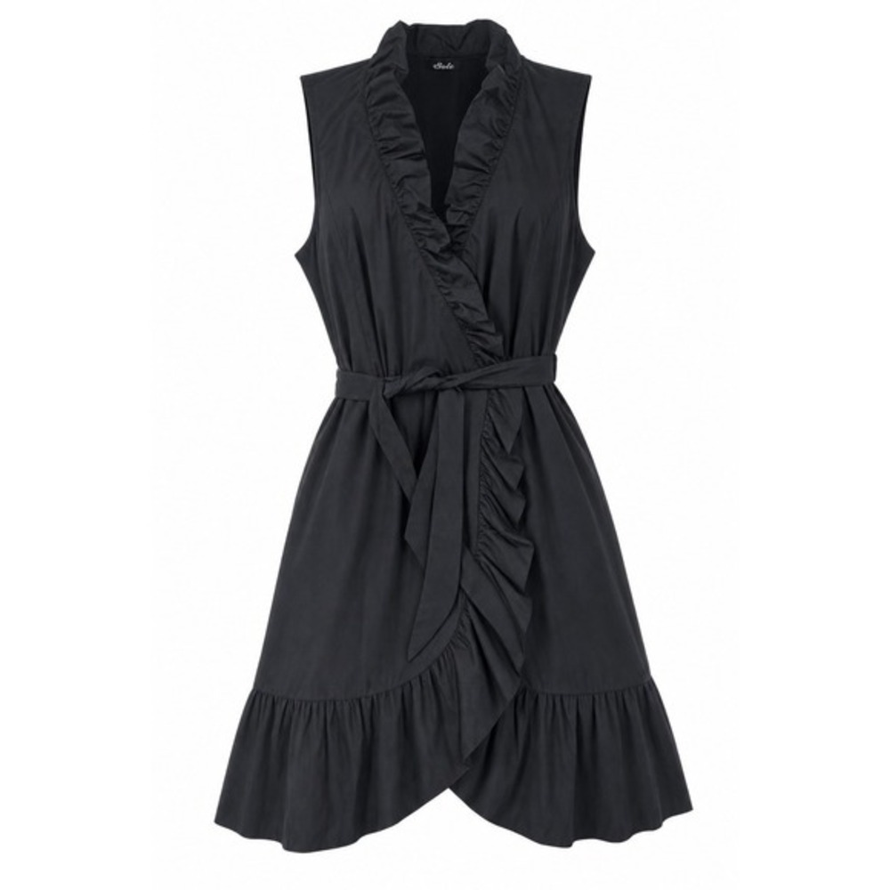Black Ruffle Wrap Dress 12 Belted Dark Coquette Romantic Goth Cotton Silk Stella